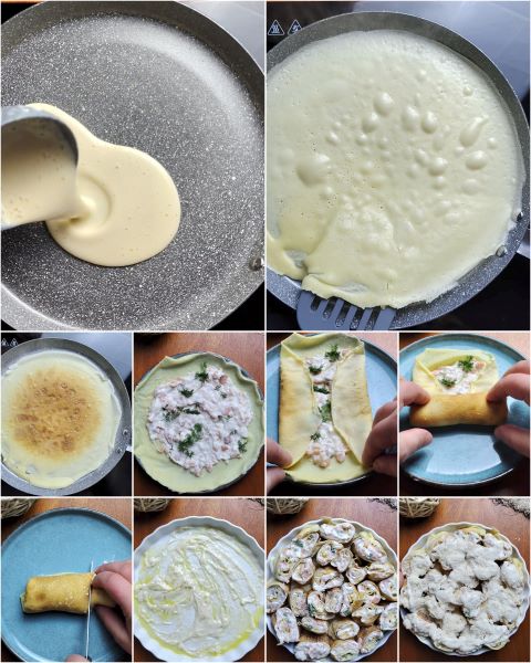 preparación de los rollitos de crepes con salmón ahumado