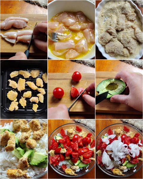 preparación del arroz frío con pollo y verduras