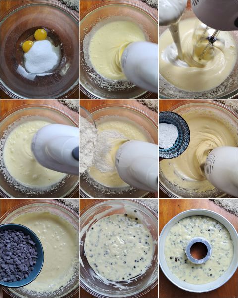 preparación del bizcocho de yogur y chocolate