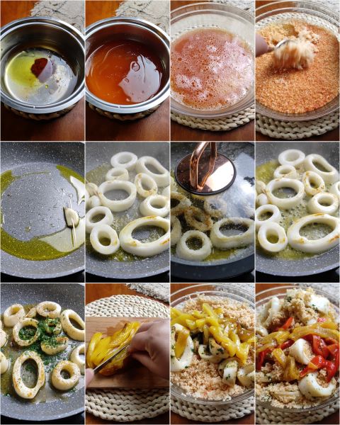preparación del cous cous con calamares y pimientos asados