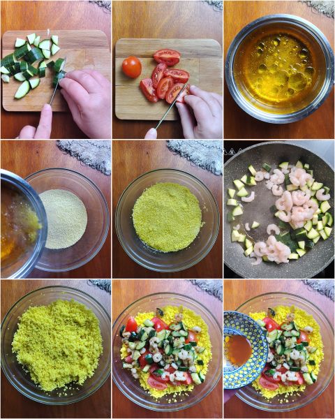 preparación del cous cous con gambas y calabacines