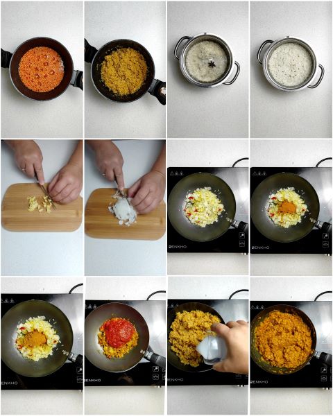 preparación del dahl de lentejas rojas