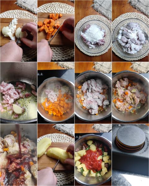 preparación del estofado de ternera con patatas y guisantes