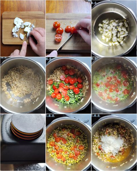 preparación del orzotto con guisantes y tomates cherry