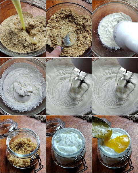 preparación del postre de cuchara con mascarpone y melocotones