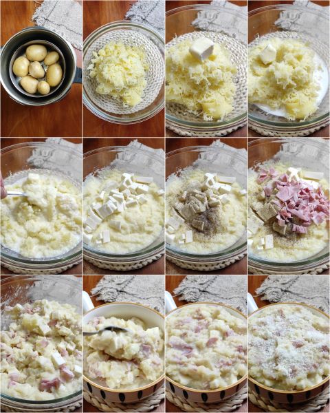 preparación del puré de patatas al horno con jamón y mozzarella