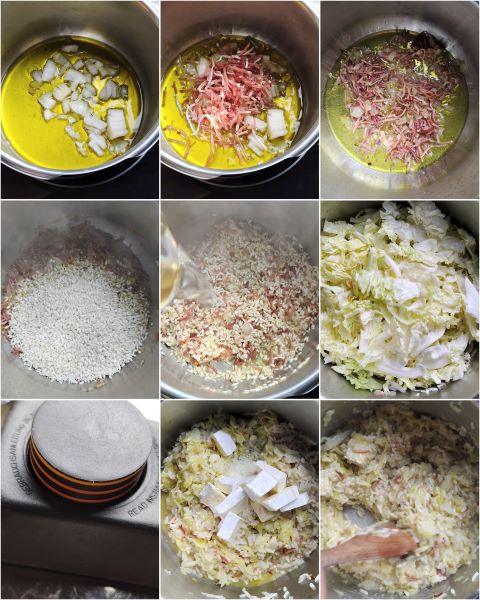 preparación del risotto col, speck y brie en olla a presión