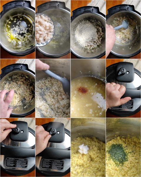 preparación del risotto con gambas y azafrán