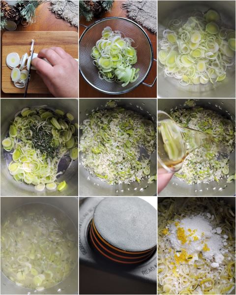 preparación del risotto puerros limón y romero en olla a presión