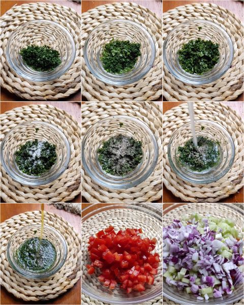 une todas las verduras cortadas en un bol y prepara el aderezo