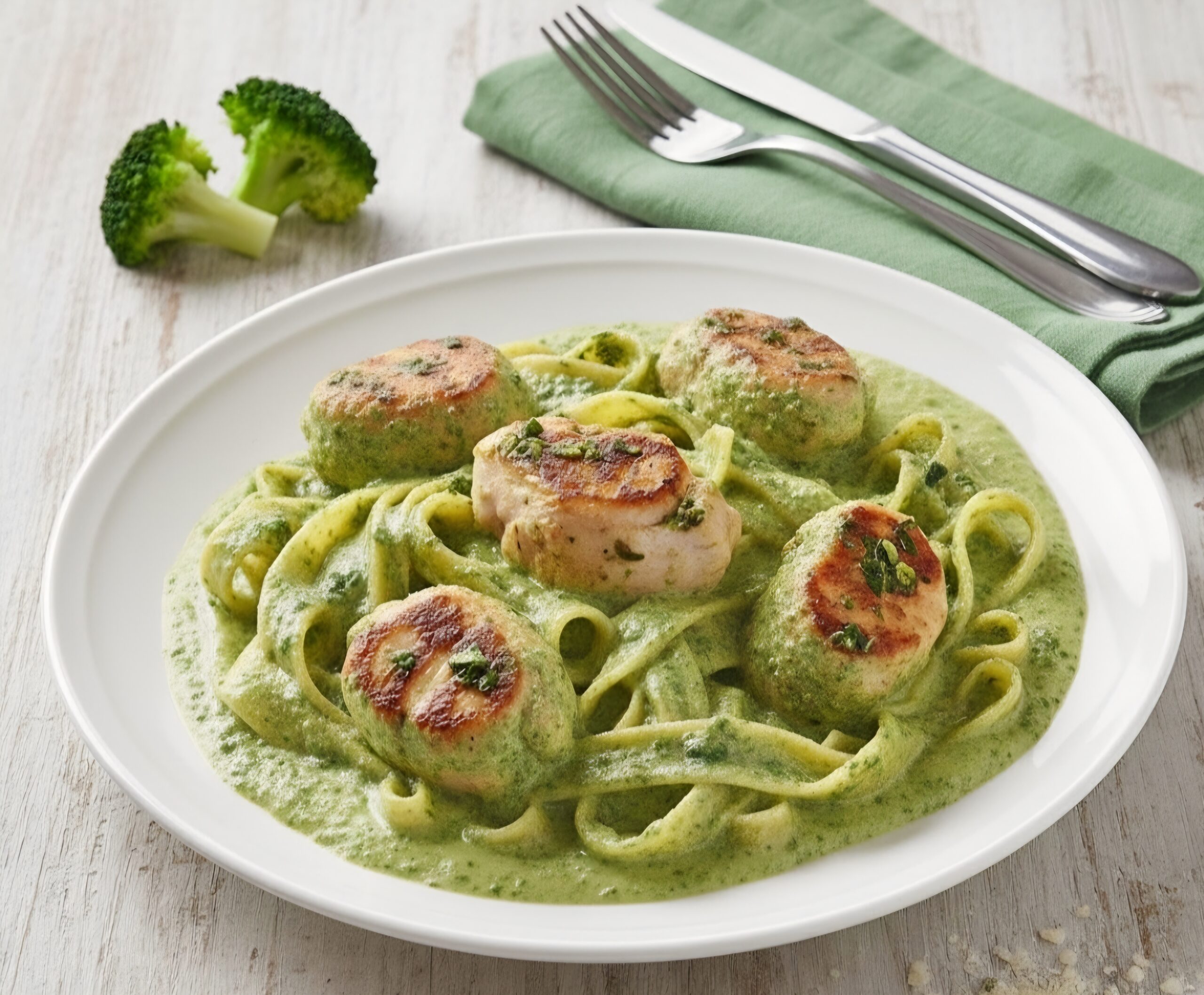 Tagliatelle e rollitos con crema de brócoli