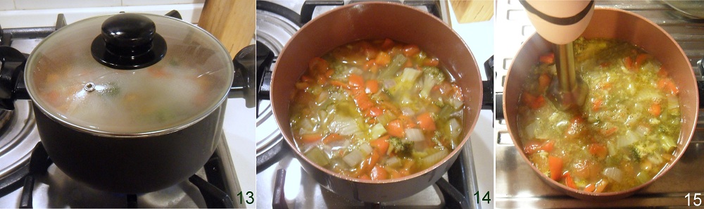 triturar las verduras con poco caldo de verduras usando una batidora de mano