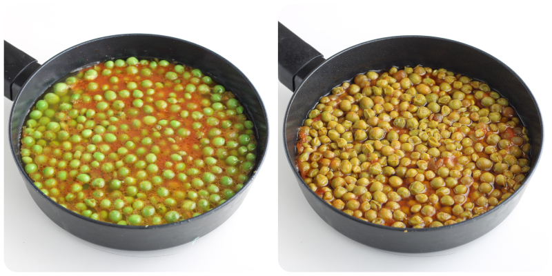 guisantes en sartén con tomate