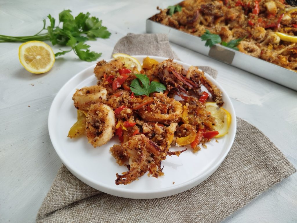 Calamares y pimientos gratinados al horno