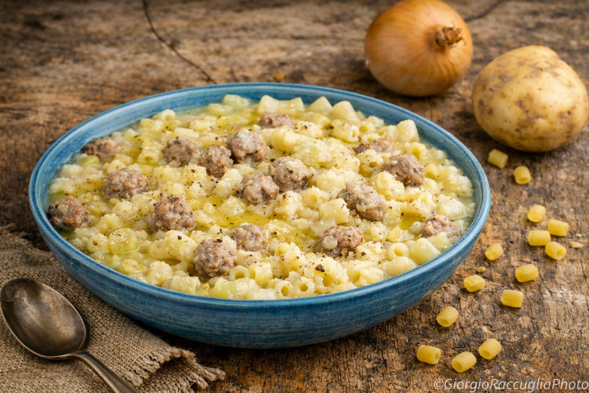 Pasta con patatas y albóndigas