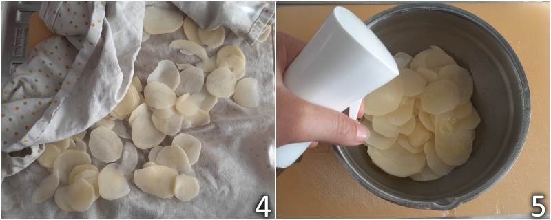 b. untar ligeramente las patatas a rodajas usando un pulverizador de aceite