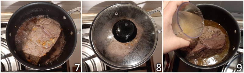 c. cocinar el estofado de ternera a fuego bajo por al menos 3 horas y media