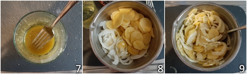 c. condimentar patatas e hinojos con la emulsión de mostaza y miel