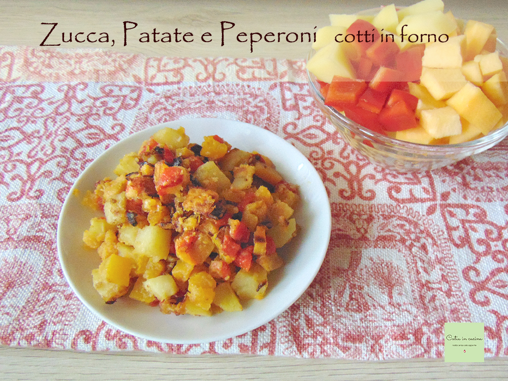 Calabaza, patatas y pimientos cocidos al horno