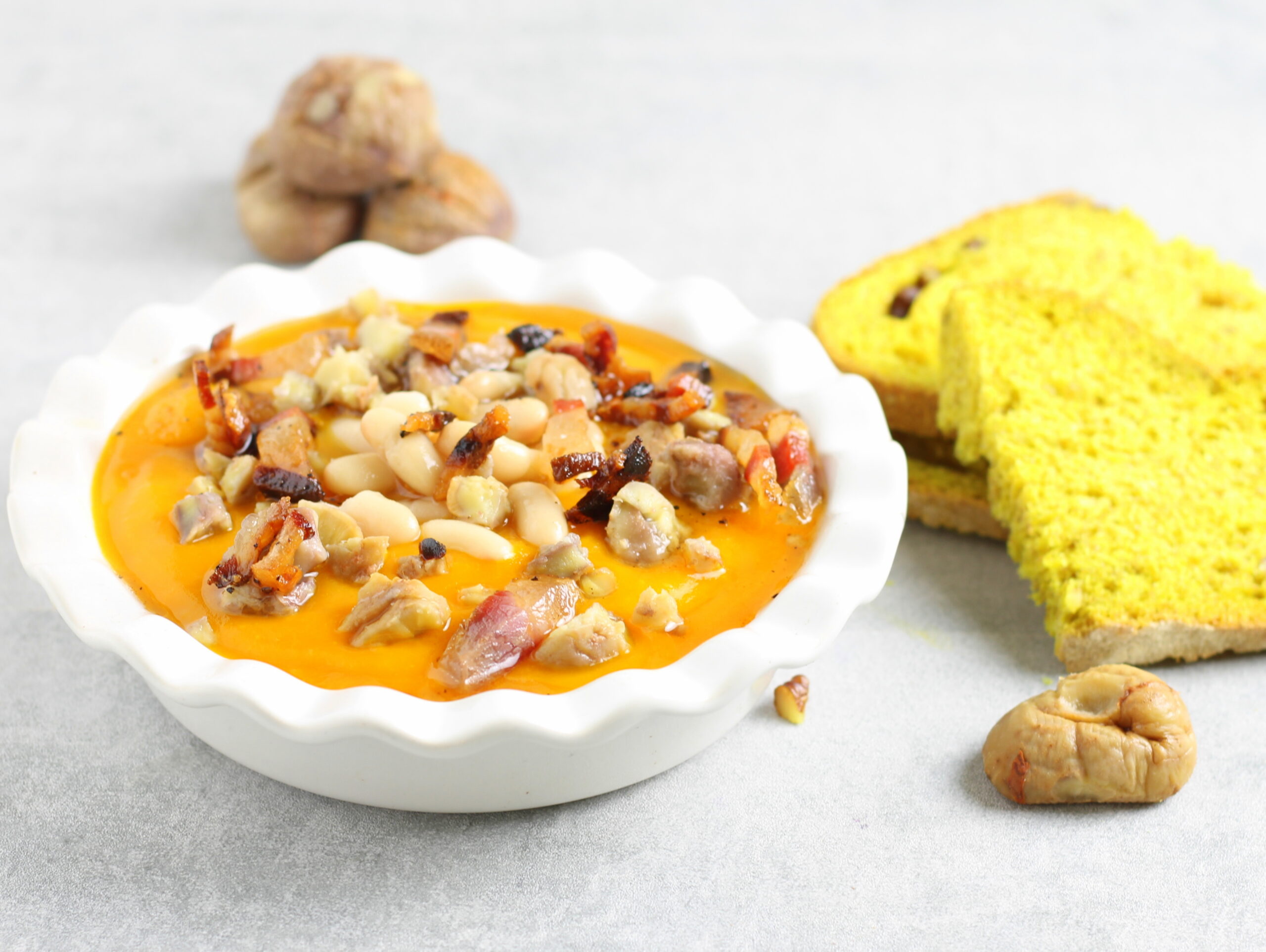 Crema de calabaza con castañas y cannellini en olla a presión