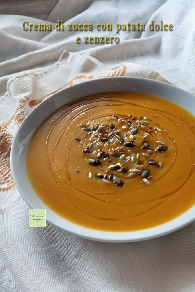 crema de calabaza con boniato y jengibre y con semillas tostadas
