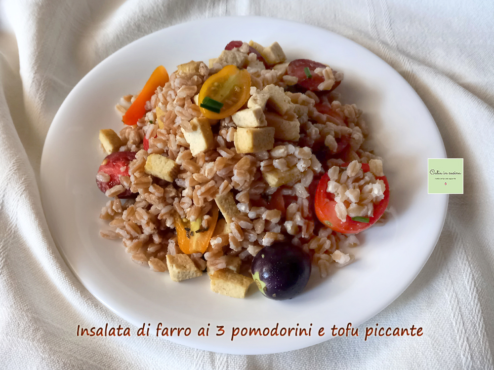 ensalada de farro con 3 tipos de tomates cherry y tofu picante