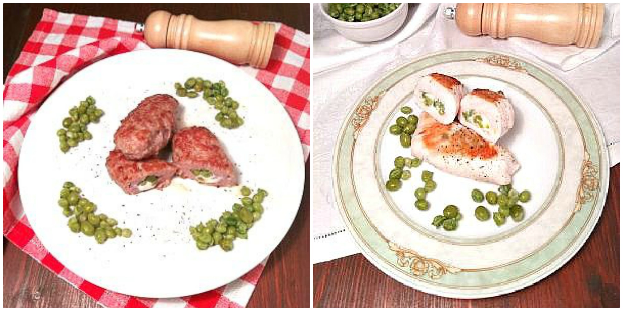 Rollitos de pollo y salchicha rellenos de guisantes