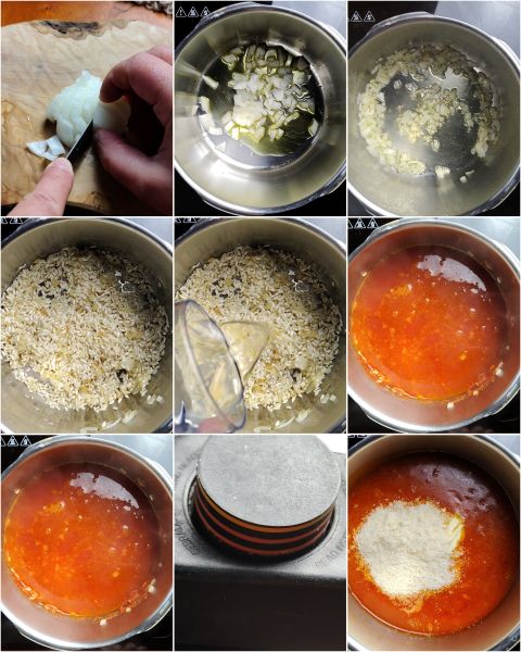 preparación del risotto con tomate y burrata en olla a presión