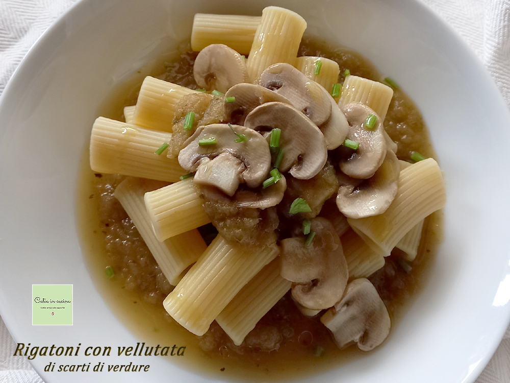 rigatoni con crema de restos de verduras y setas