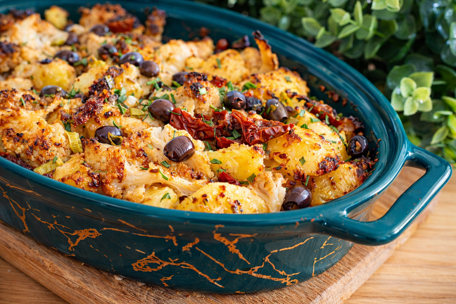Coliflor y patatas al horno al estilo mediterráneo