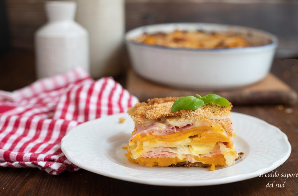pastel de calabaza y patatas con jamón y queso