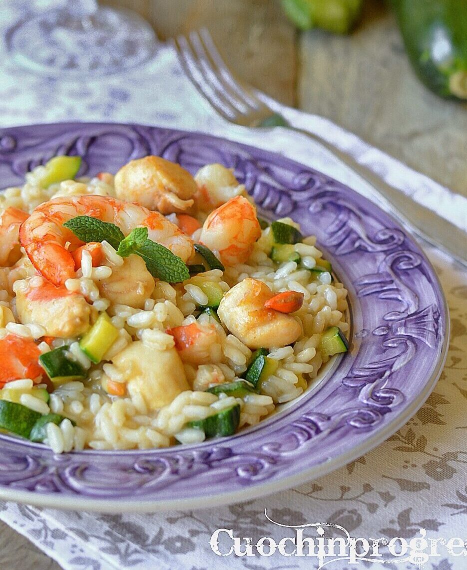 Risotto de calabacines, gambas y vieiras