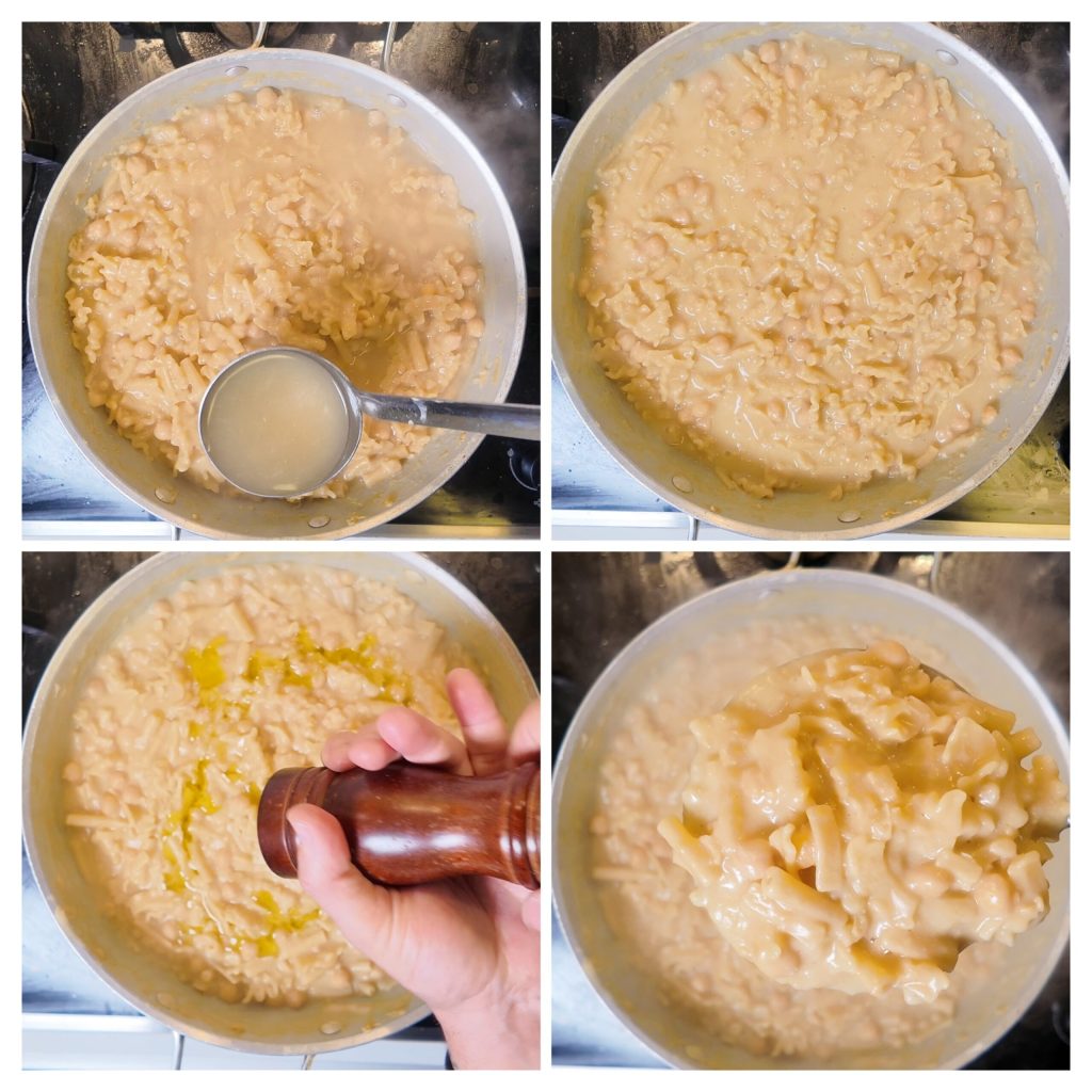 Cocción tipo risotto de la pasta con aquafaba y pimienta negra