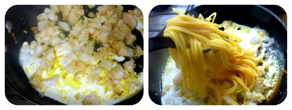 Pasta con filete de mero en preparación: paso 3, cocción del pescado y espaguetis listos para escurrir