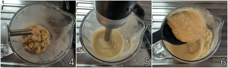 b. triturar las habas secas peladas cocidas hasta obtener una crema