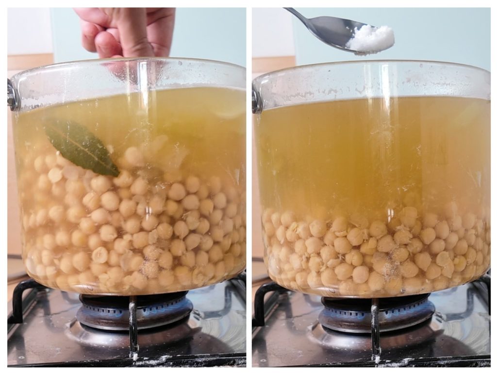 Garbanzos hervidos tiernos listos en la olla con su caldo