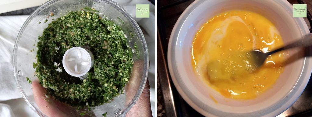 pesto de rúcula y huevos batidos
