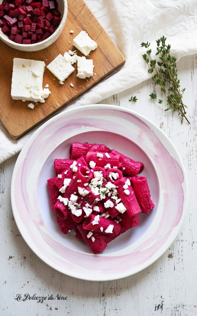 la pasta con crema rosa de remolacha y feta