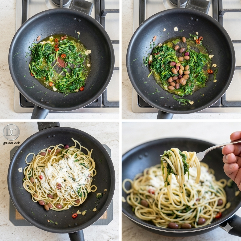 Cocinado en la sartén de los agretti salteados con ajo, guindilla y añadido de aceitunas taggiasche.