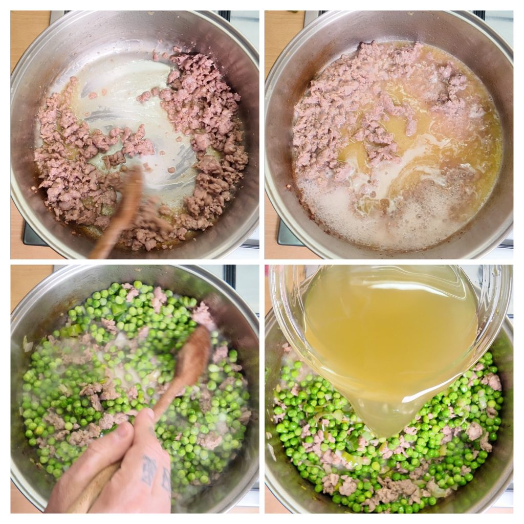 Collage cocción de pasta y guisantes con salchicha en olla: dorado de la salchicha y añadido de caldo.