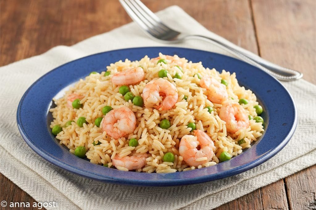 Arroz basmati con guisantes y gambas