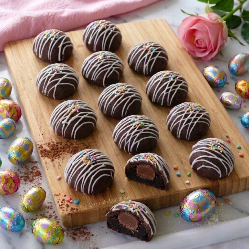 Galletas rellenas de huevitos de chocolate con glaseado y confetis de colores receta para Pascua i pasticcini di Nina