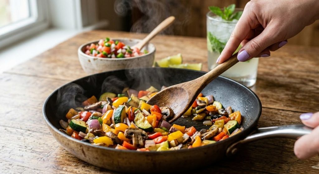 Cocinar las verduras en la sartén