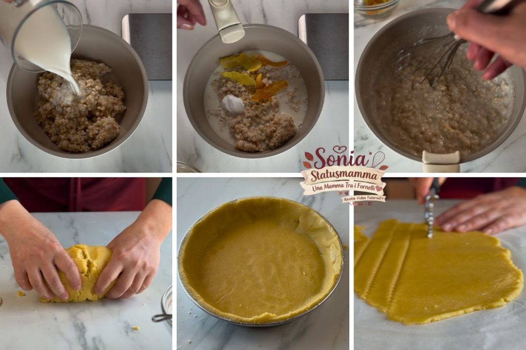 Porción de masa sablé junto al arroz cocido en leche densay cremosa.