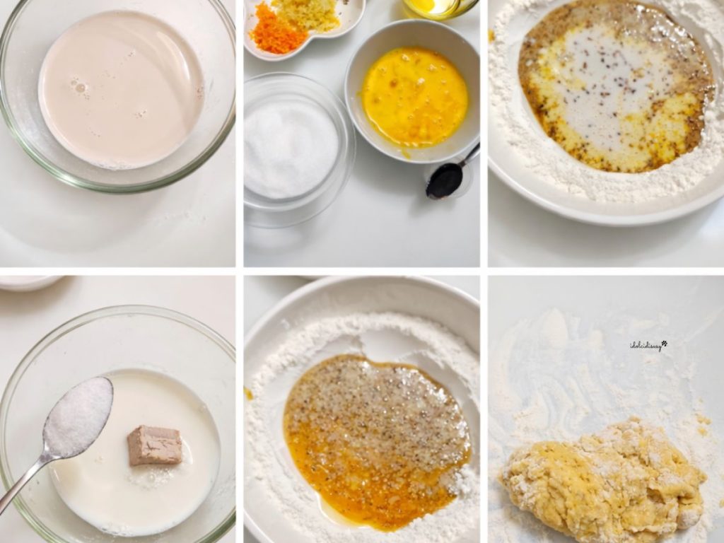 Pasos para preparar la masa de la pizza dulce de Pascua con levadura, leche y harina.