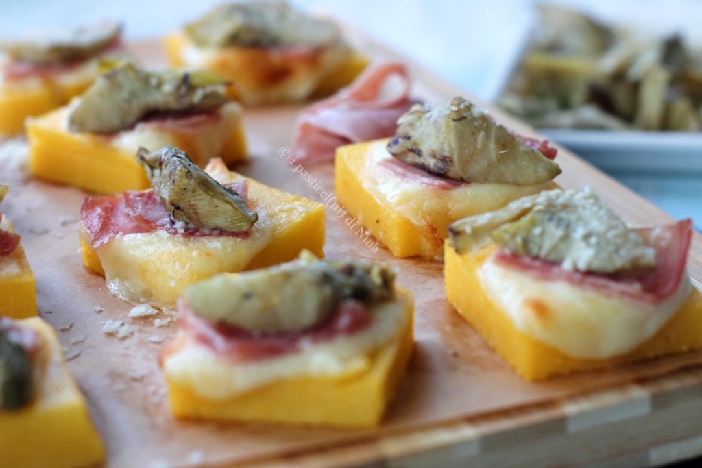 tostas de polenta al horno con alcachofas y jamón receta fácil i pasticcini di Nina