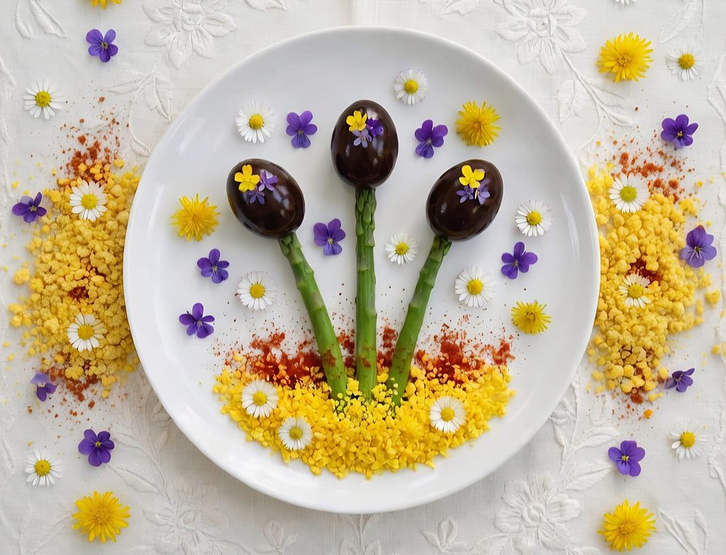Entrante de espárragos y huevos morados con flores comestibles