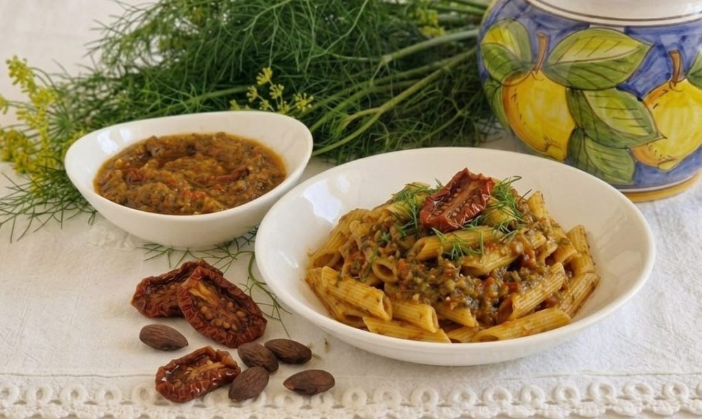 Pasta con pesto de hinojo silvestre