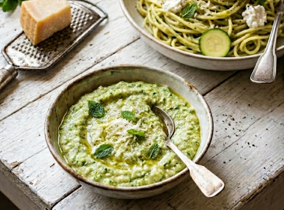 Pesto de calabacín, ricotta y menta
