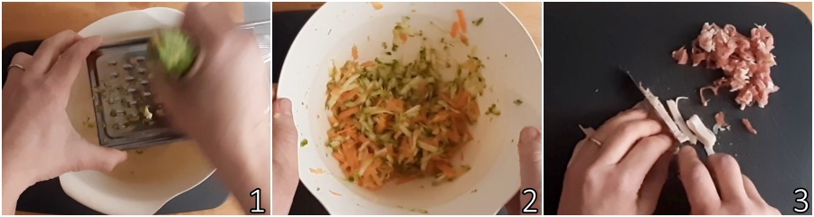 a. rallar las verduras y cortar los embutidos en trocitos